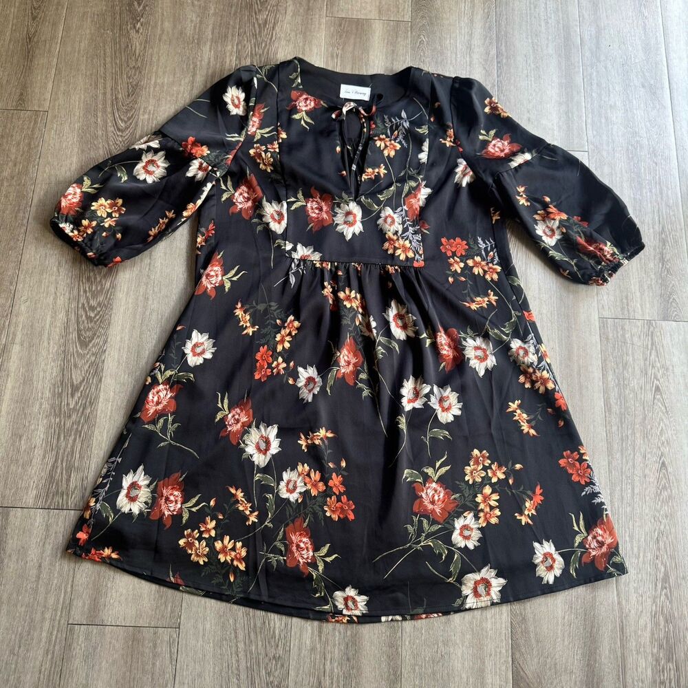 Love + Harmony Dress Oversized Sz M L Black Floral Ruffle Mini Boho Chic Cottage - Picture 12 of 16